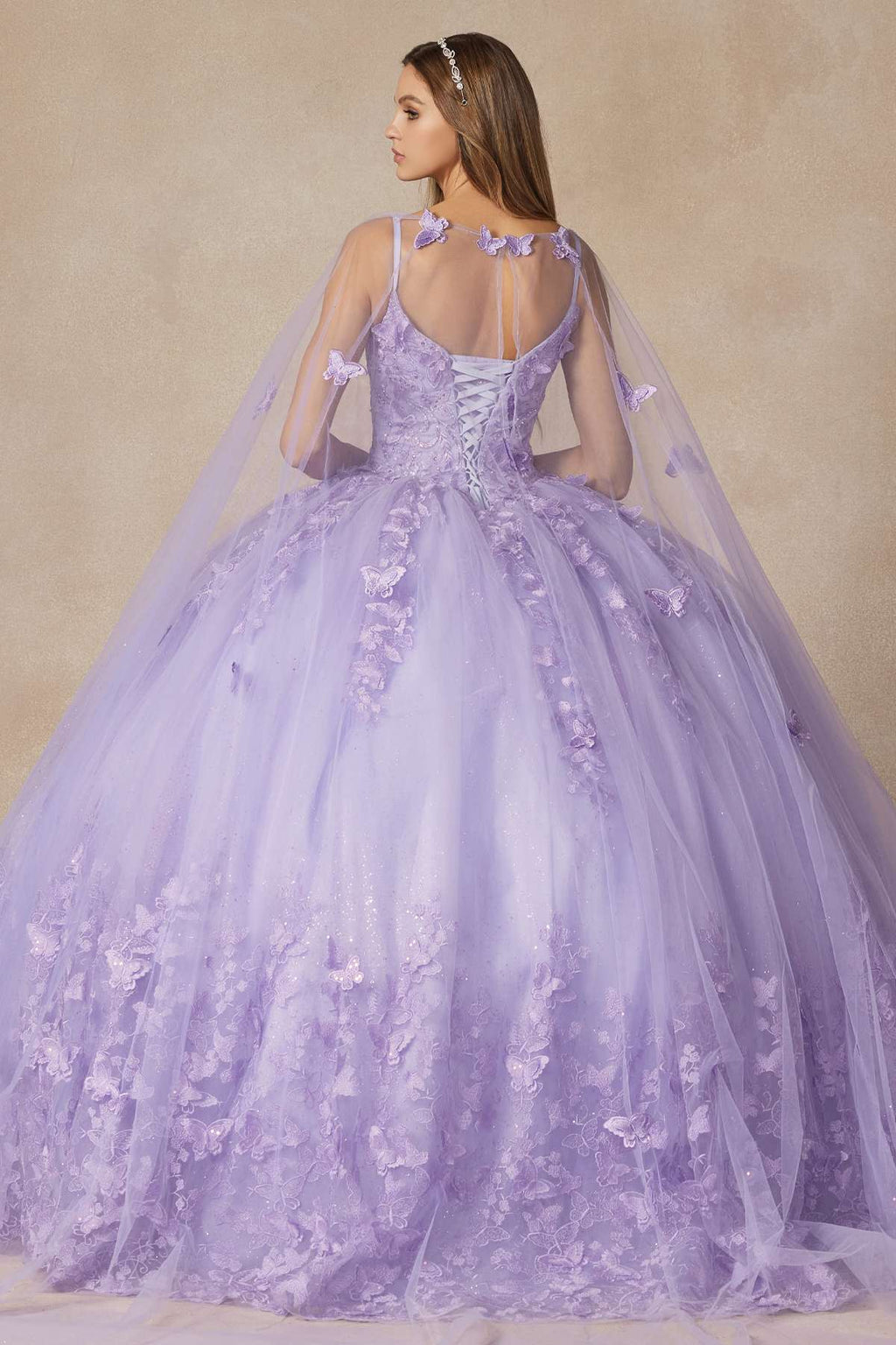 Juliet 1442 Long 3D Butterfly Appliques Strapless Bodice Cape Quinceanera Dress