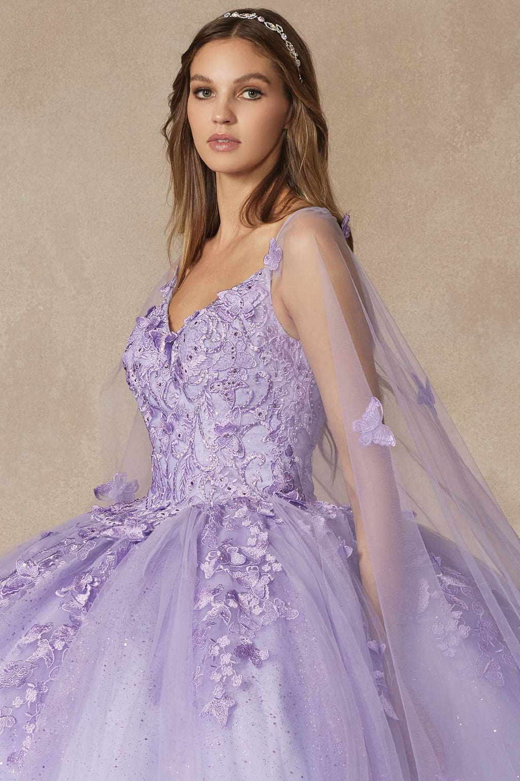Juliet 1442 Long 3D Butterfly Appliques Strapless Bodice Cape Quinceanera Dress
