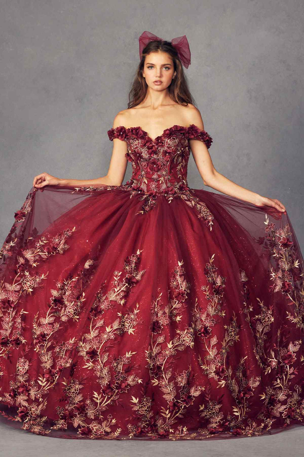 Juliet 1447 Long 3D Floral Appliques Off Shoulder Poofy Ball Gown