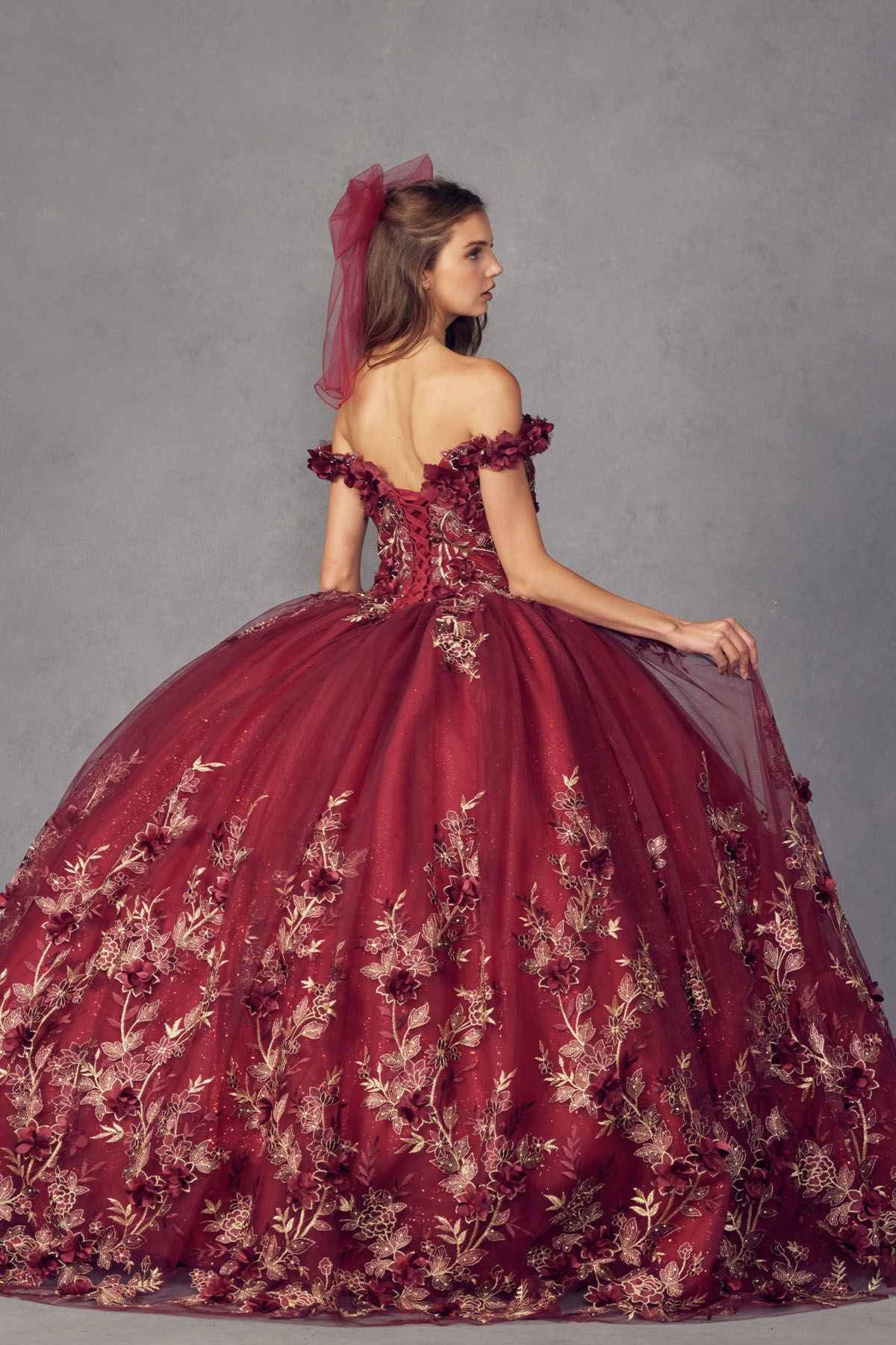 Juliet 1447 Long 3D Floral Appliques Off Shoulder Poofy Ball Gown