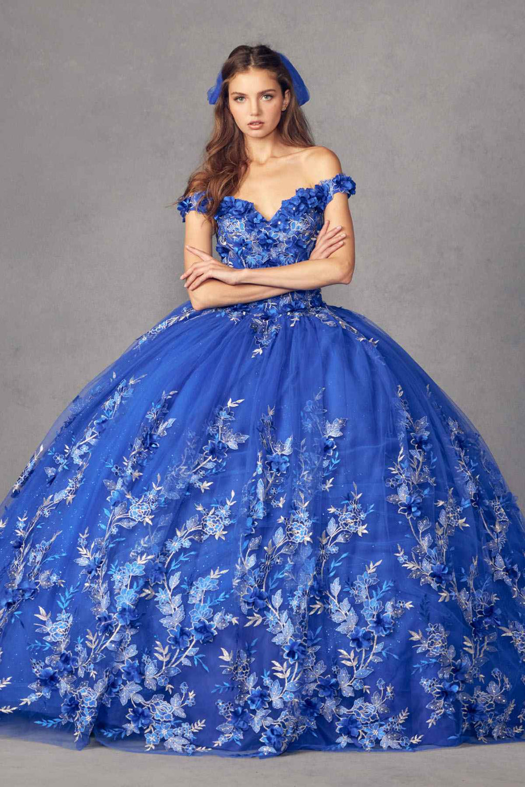 Juliet 1447 Long 3D Floral Appliques Off Shoulder Poofy Ball Gown