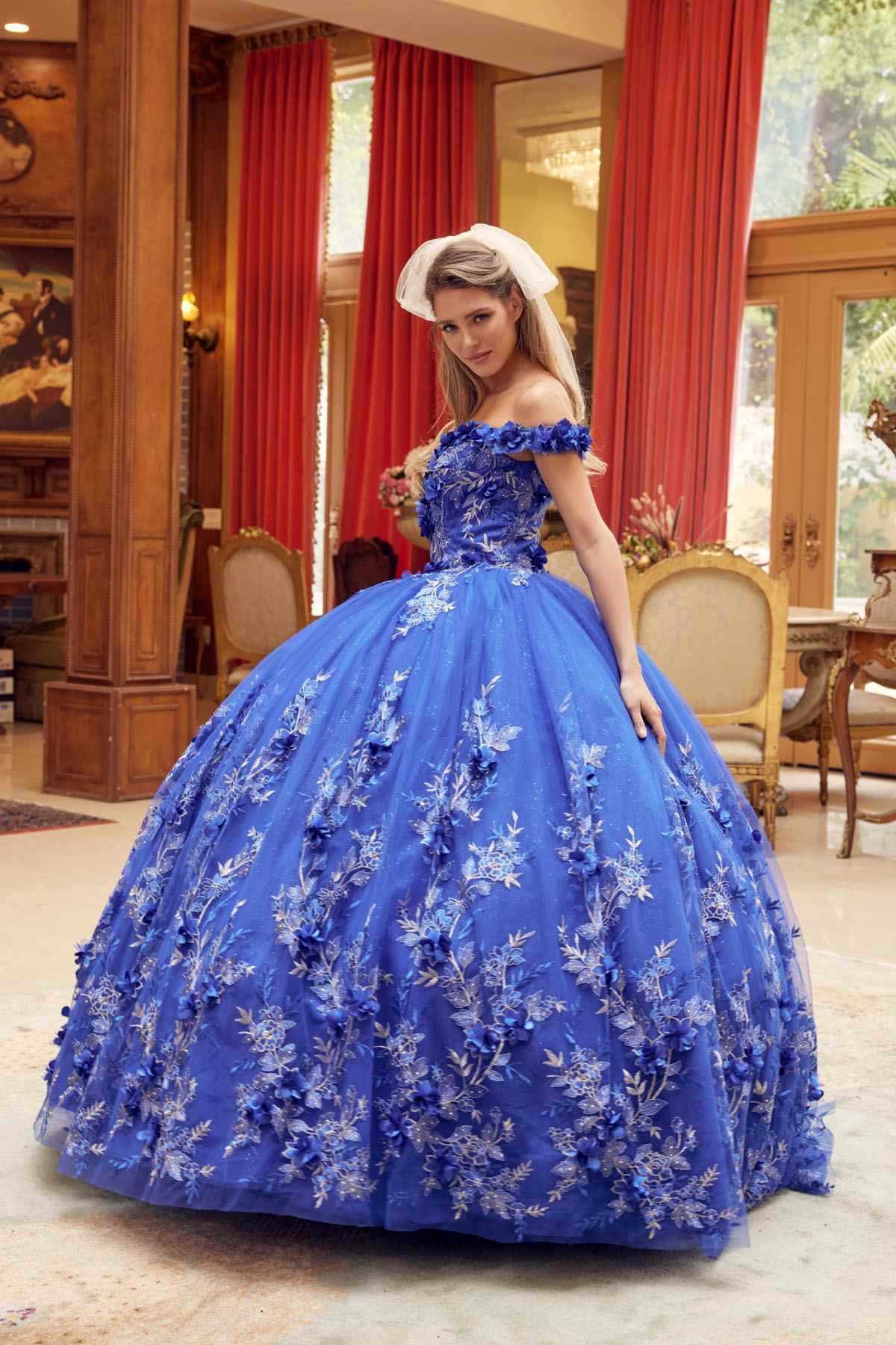 Juliet 1447 Long 3D Floral Appliques Off Shoulder Poofy Ball Gown