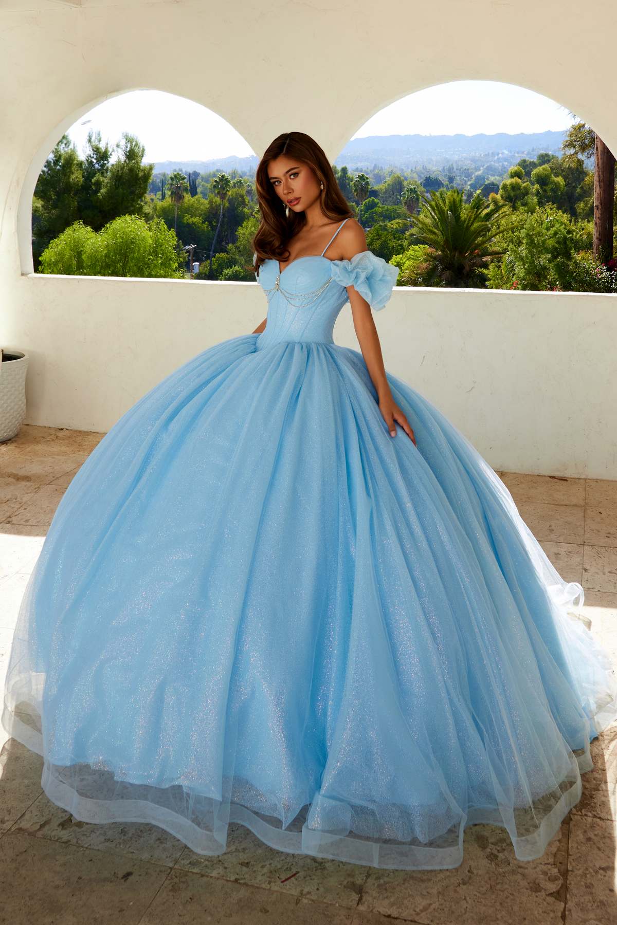 Juliet JT1487H Cold Shoulder quinceanera Ball Gown