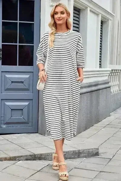 Lovelet Contrast Striped Half Sleeve Midi Tee Dress