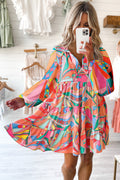 Multicolored Printed Long Sleeve Tie Neck Mini Dress Playful Statement Piece Charming Colored Dress