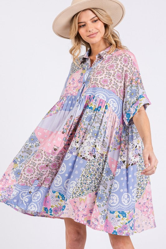 Pink Multicolor Floral Collared Neck Half Sleeve Mini Shirt Dress Feminine Floral Print Dress for Women