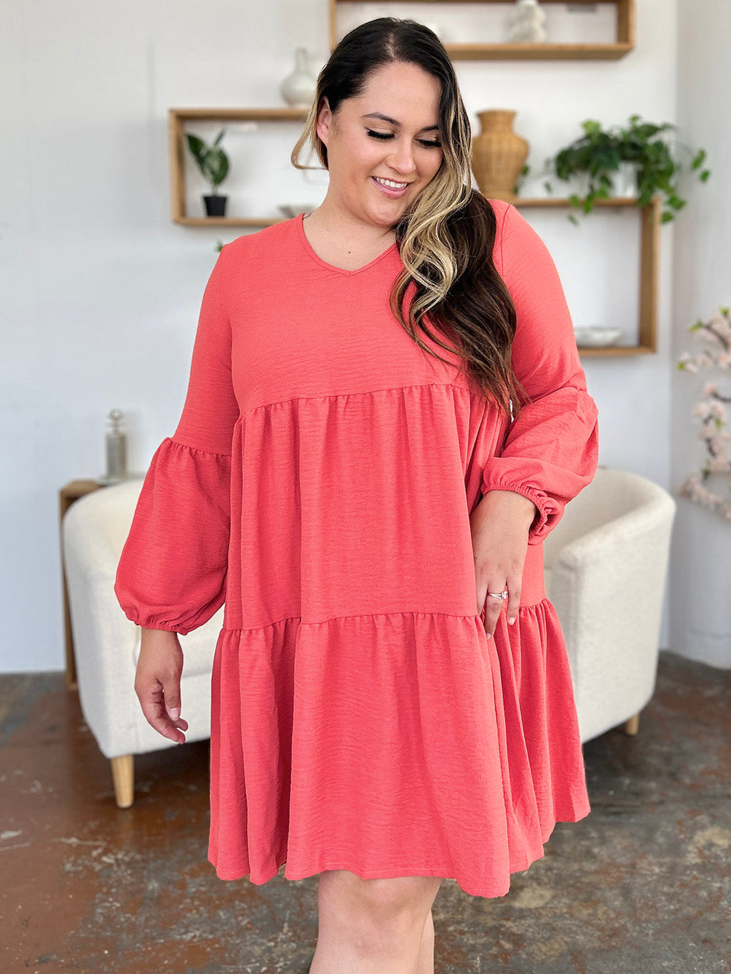 Light Green Double Take Full Size V-Neck Sleeve Tiered Dress with Pockets Elegant & Comfortable Casual Dress