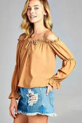 Women's Puff Long Sleeve Ruffled Front Tie Off Shoulder Top