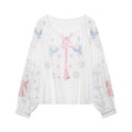 Women Clothing at Lantern Sleeve Tassel Embroidered Top