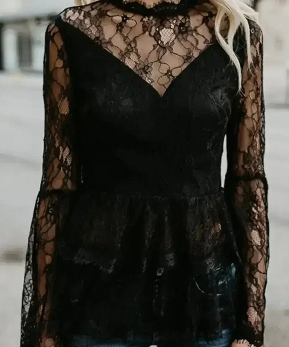 Women's Semi Lace Zipper Back Flare Sleeve Blouse | Femstylo
