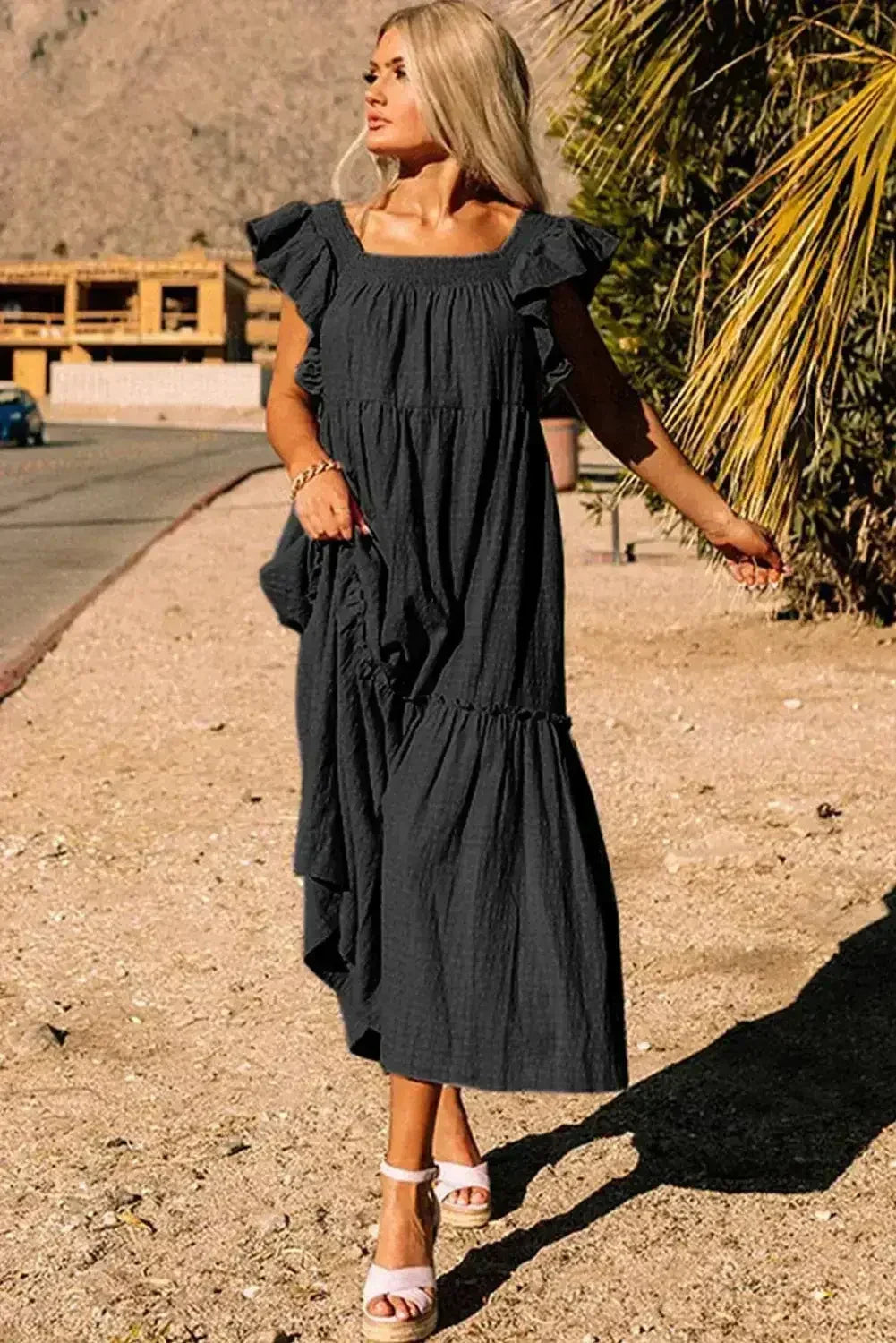 Purple Ruffled Flutter Sleeve Square Neck Textured Tiered Maxi Dress