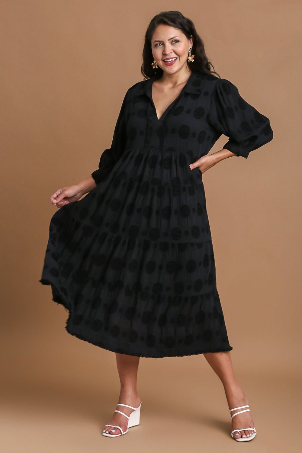 Black Full Size Solid Dotted Midi Dress Elegant Plus Size Fashion Women Dress