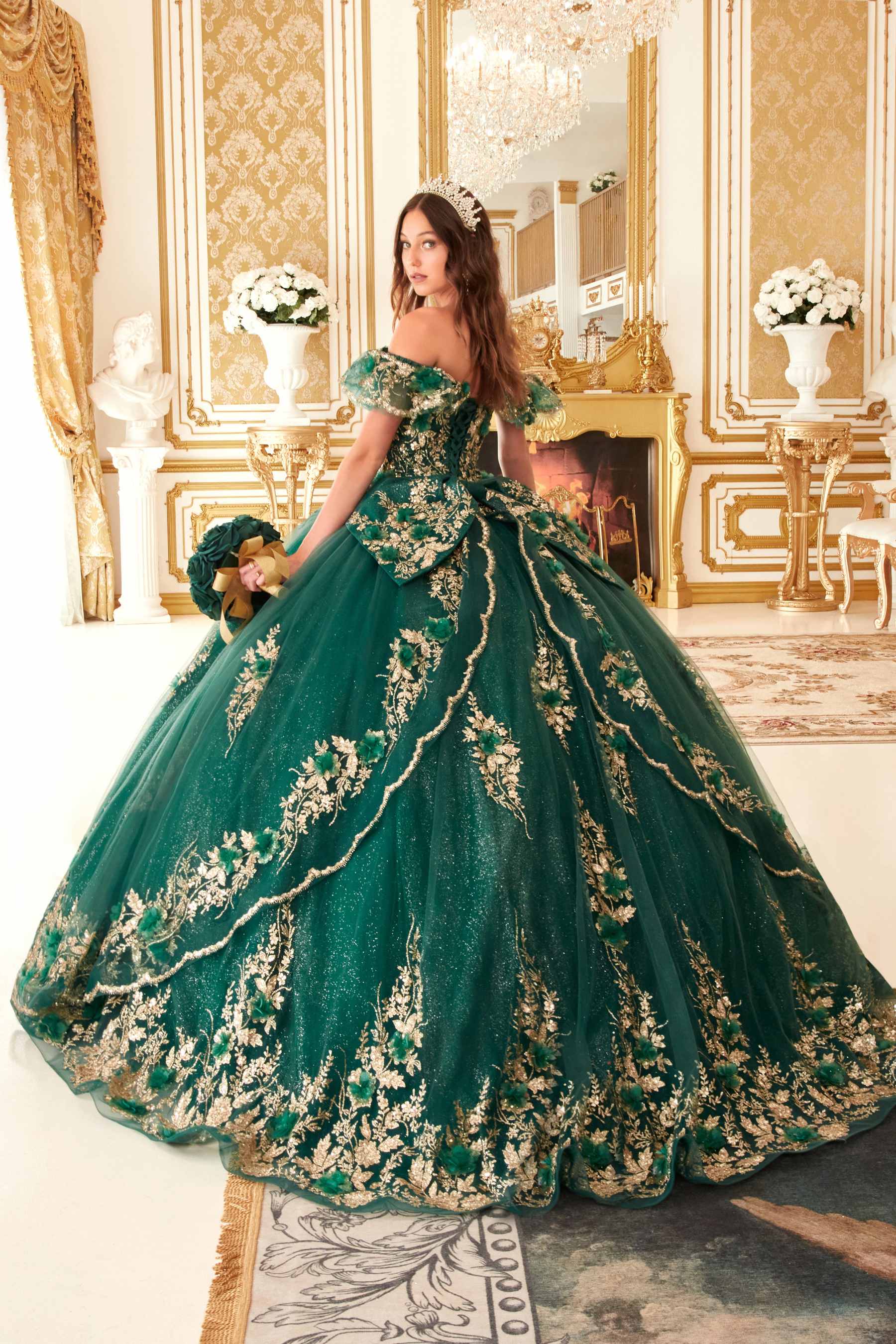 Ladivine 15701 Floral Off the Shoulder A-line Quince Ball Gown