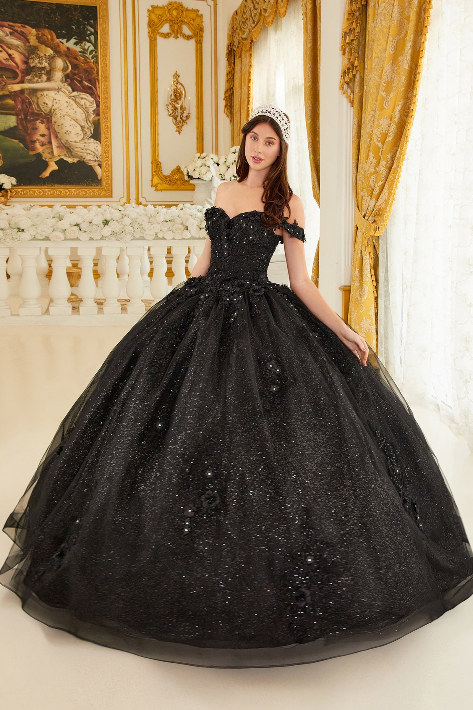 Ladivine 15702 Floral Off the Shoulder Floral Quince Ball Gown