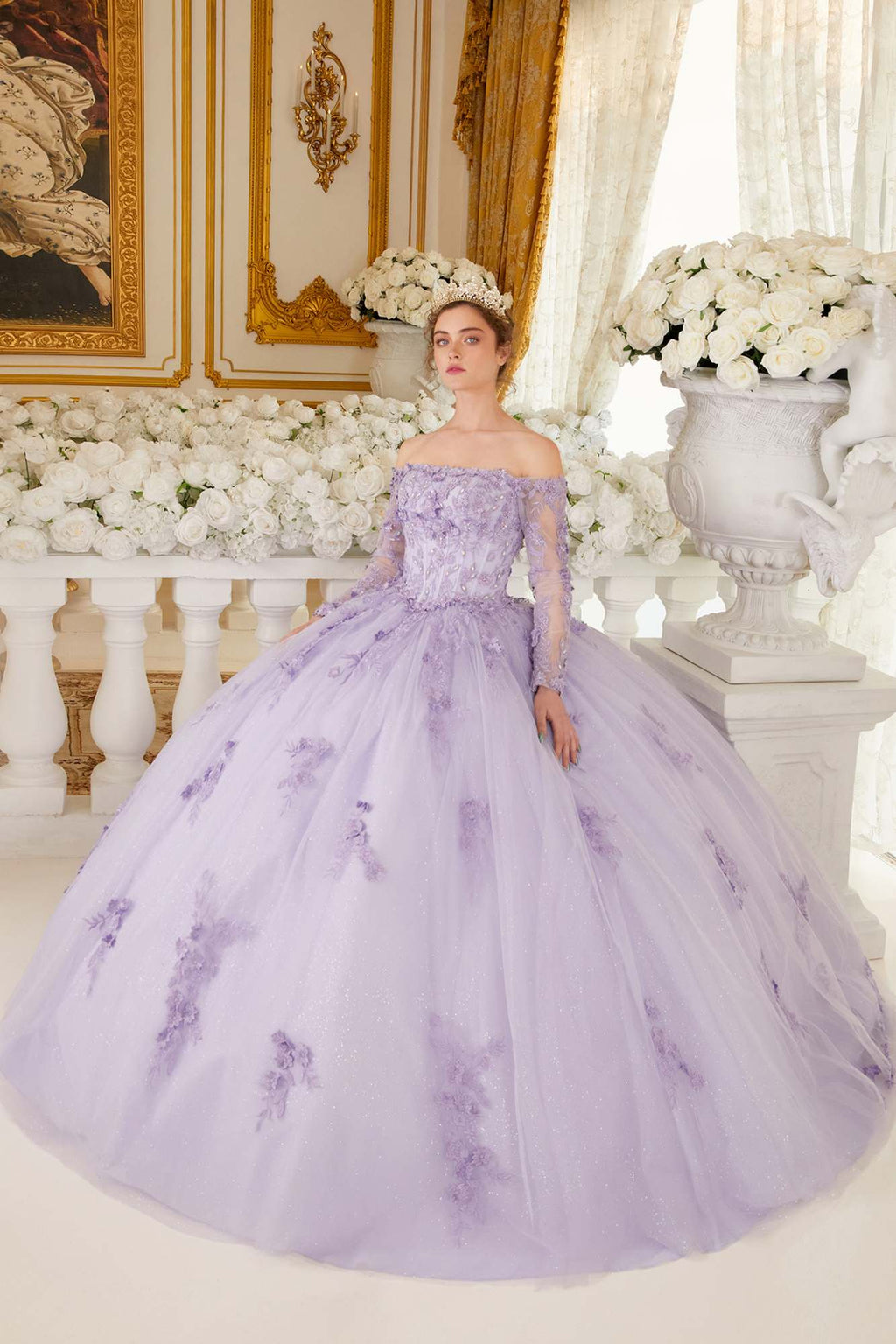 Ladivine 15706 Floor Length Off Shoulder Lace Long Sleeve Ball Gown