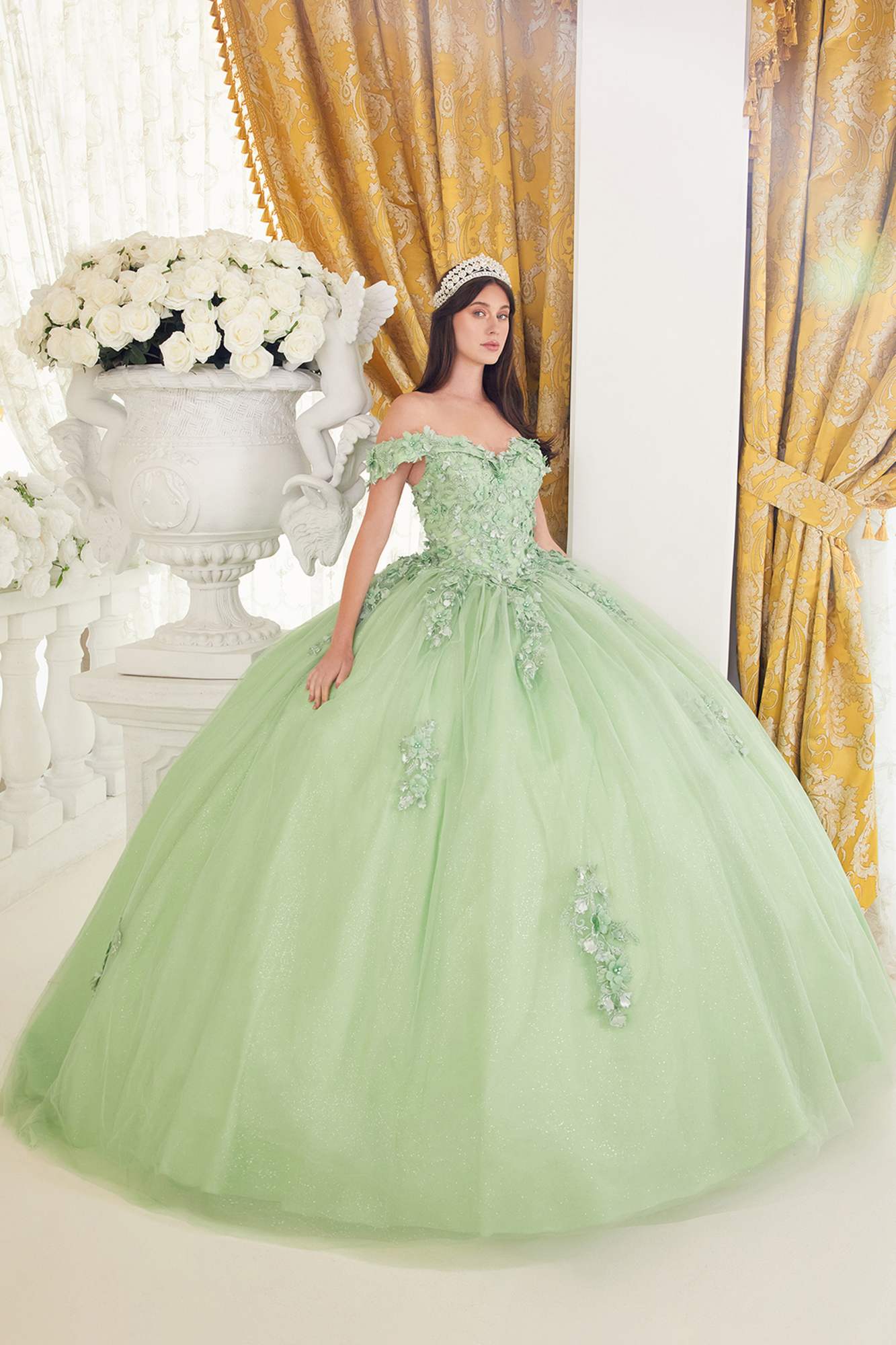 Ladivine 15710 Floor Length Lace Off Shoulder Layered Tulle Ball Gown