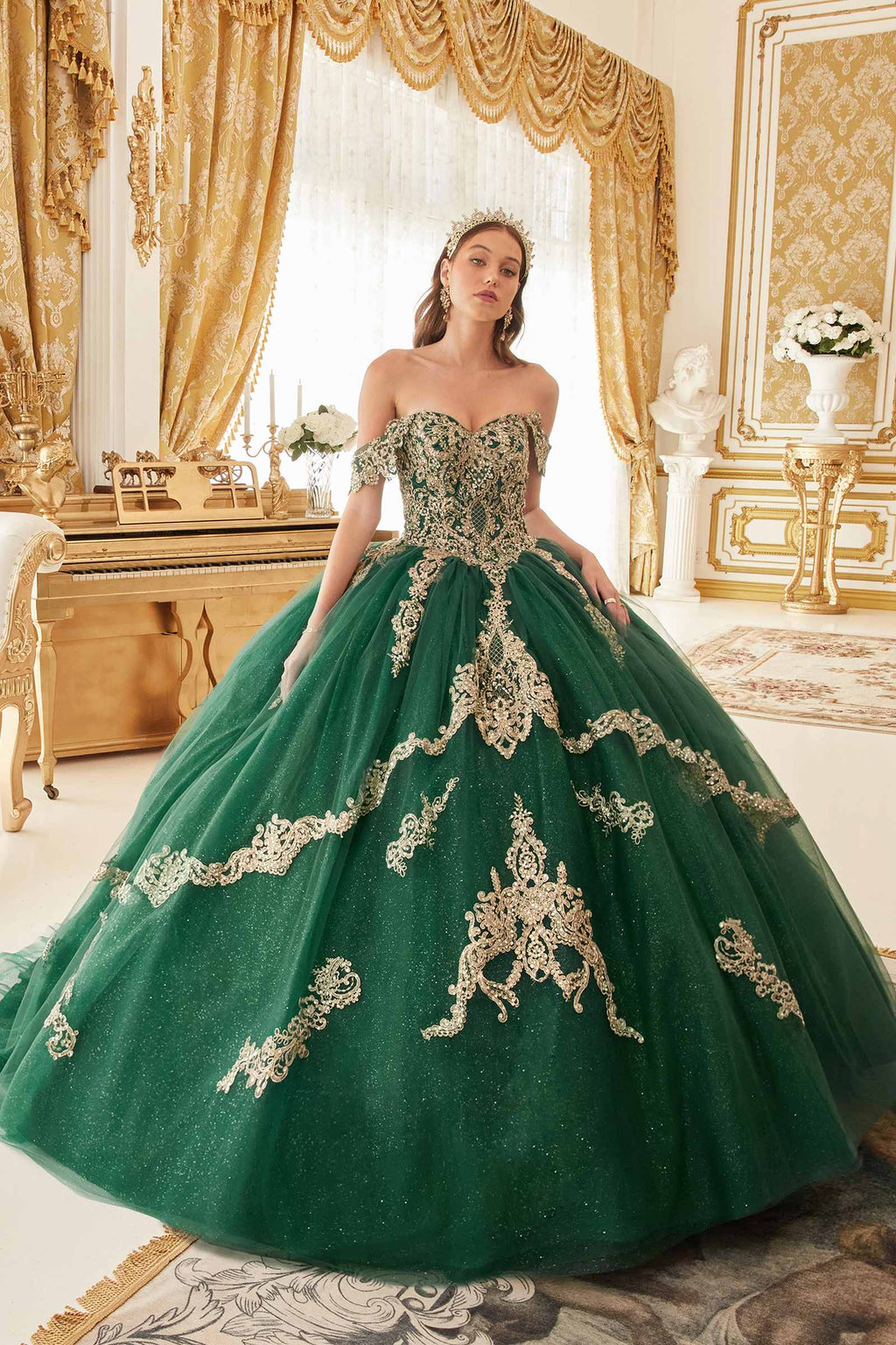 Ladivine 15711 Off the Shoulder Glitter Tulle A-Line Ball Gown Removable Cape
