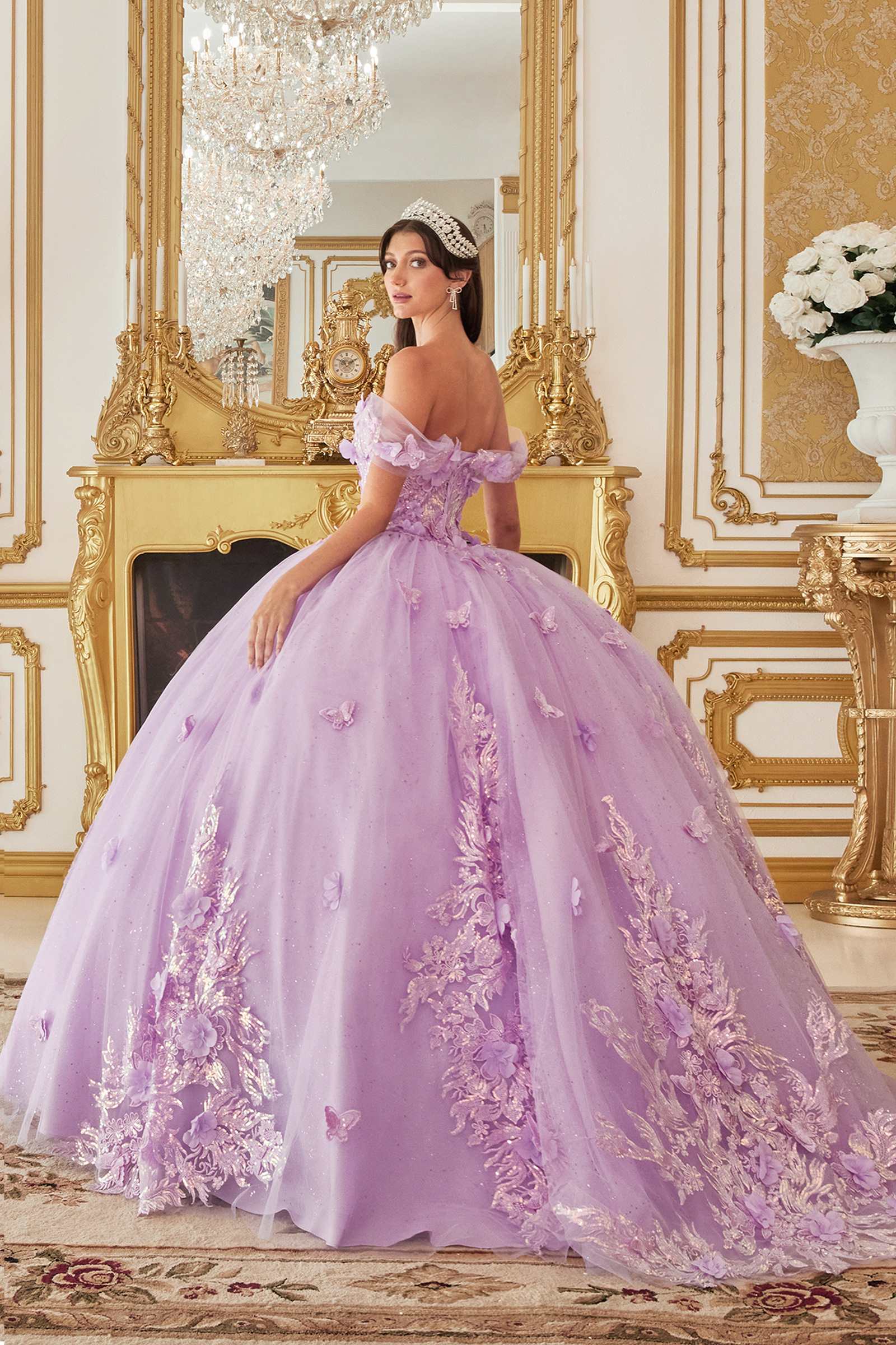 Ladivine 15713 Long Off the Shoulder A-Line Floral Applique Ball Gown