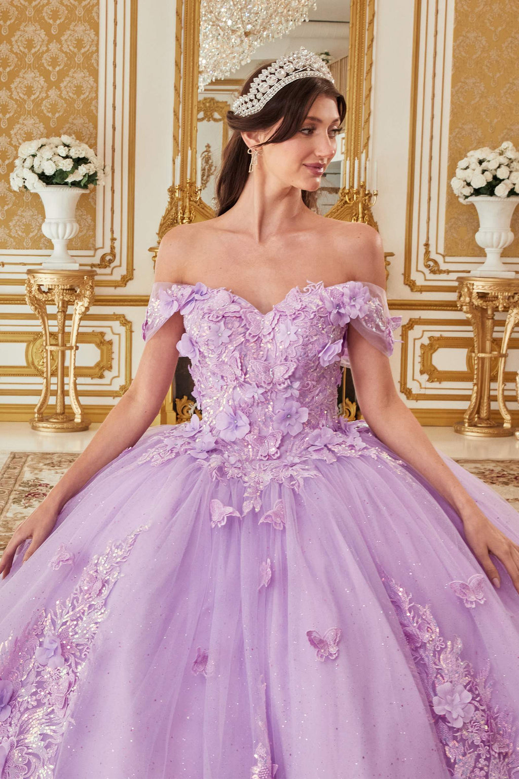 Ladivine 15713 Long Off the Shoulder A-Line Floral Applique Ball Gown