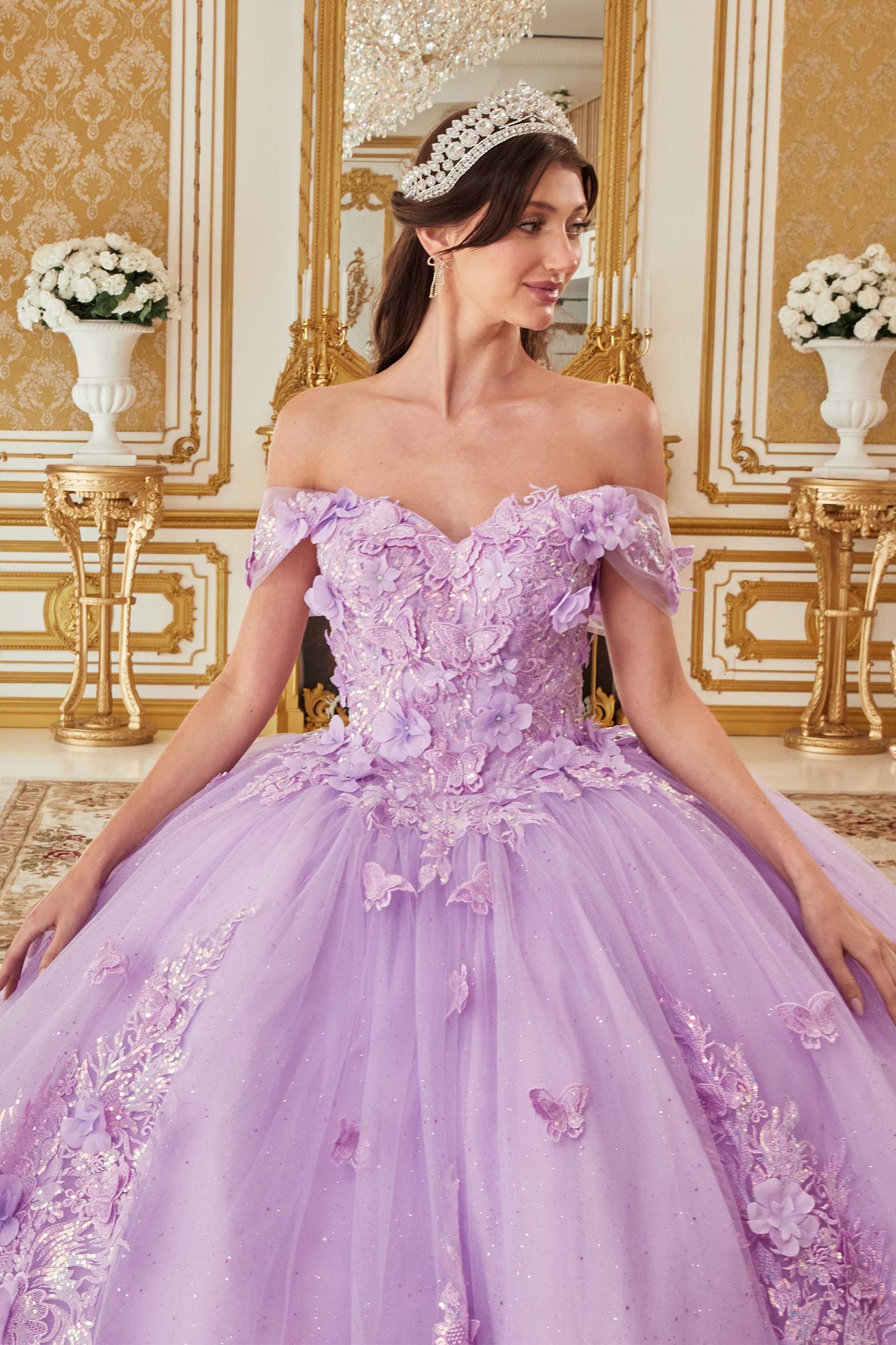 Ladivine 15713 Long Off the Shoulder A-Line Floral Applique Ball Gown