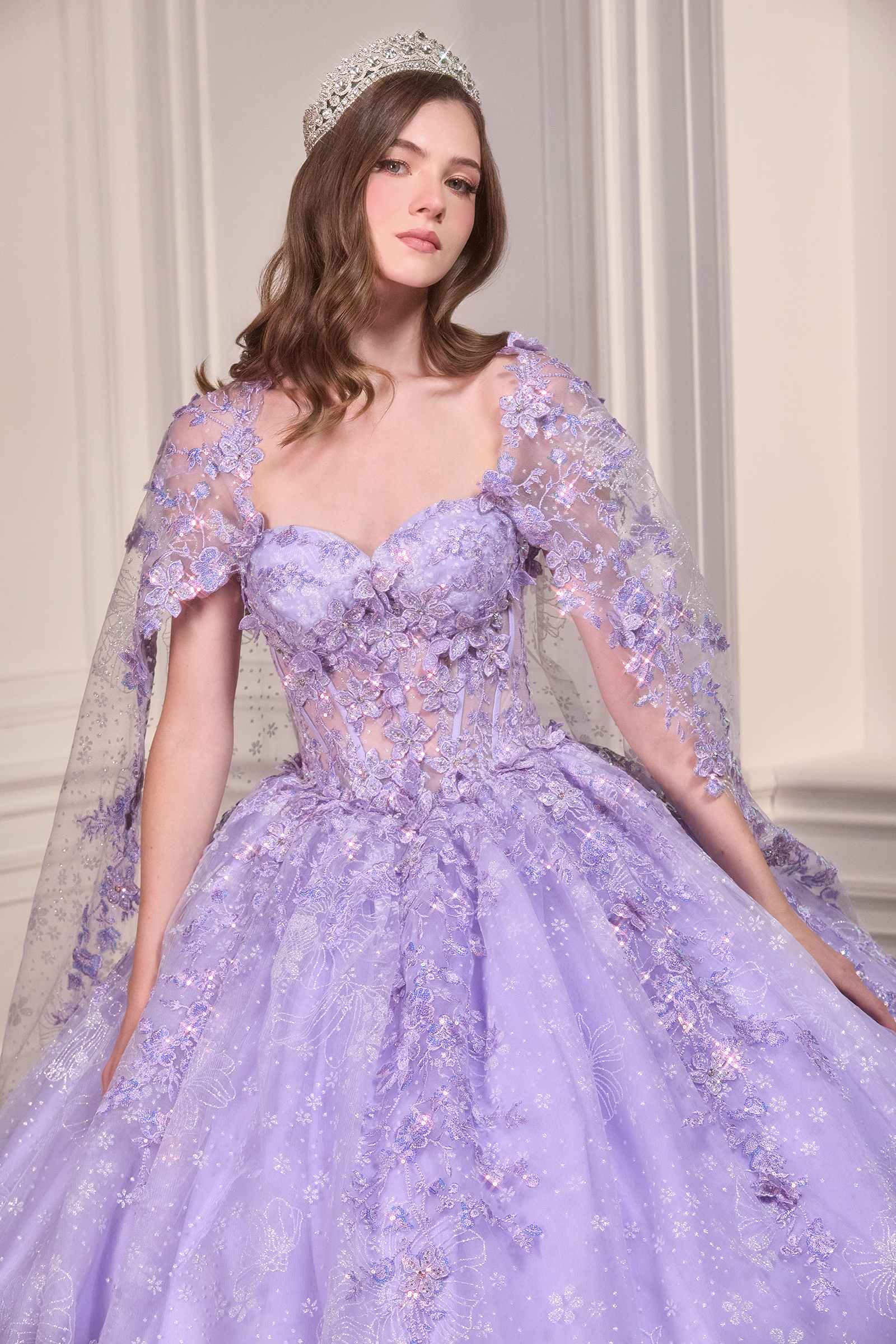 Ladivine 15719 Long Poofy Quinceanera Gown With Tulle Cape