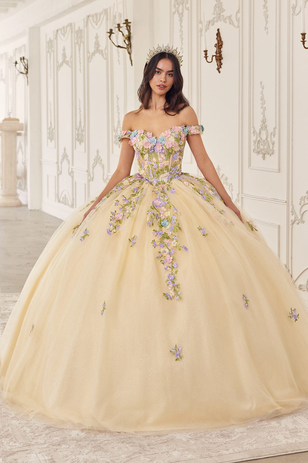 Ladivine 15724 Floral Lace Applique Quinceanera Gown Removable Capelet