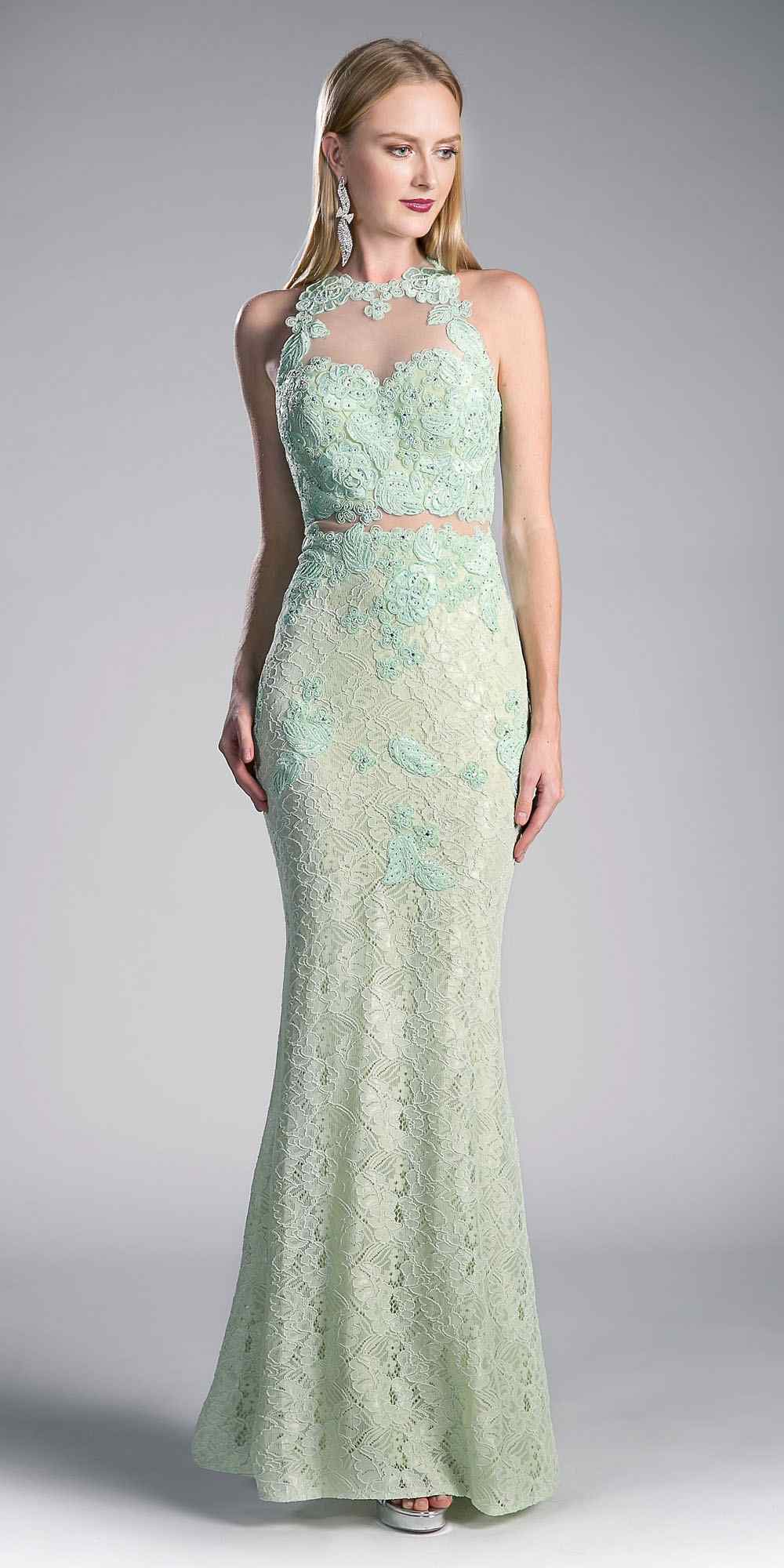 Cinderella Divine 1586 Halter Lace Appliques Mock Two-Piece Gown