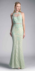 Cinderella Divine 1586 Halter Lace Appliques Mock Two-Piece Gown