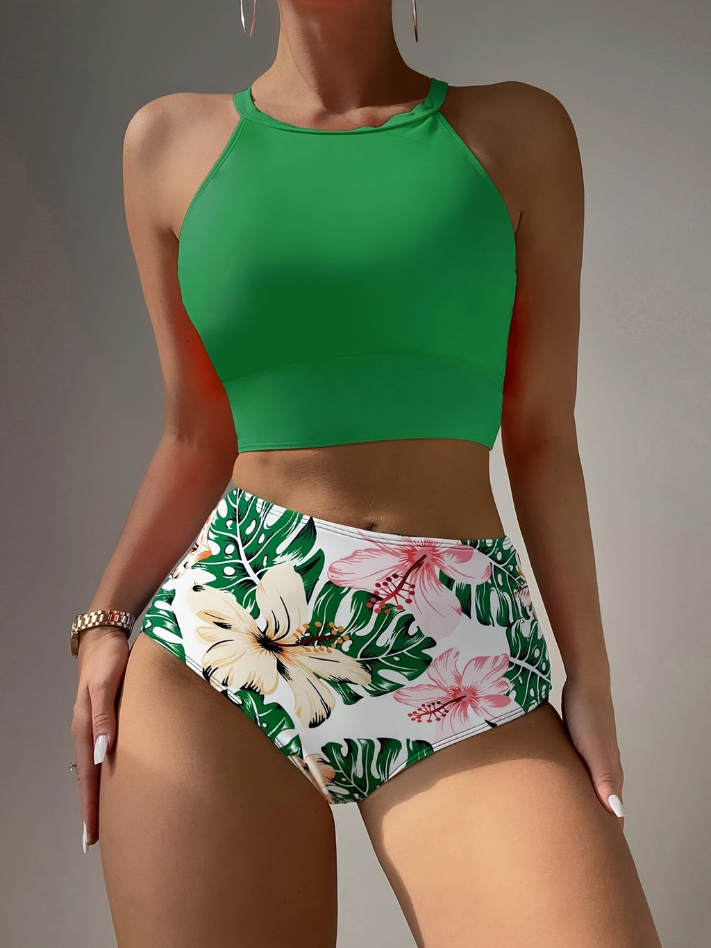 Island Bloom High Waist Bikini Set for Summer – Colorblock Tropical Print Two-Piece Swimsuit with Round Neckline Ultra-Stretch Fit & Applique Detail – Stylish and Comfortable Women’s Swimwear for Pool Beach & Summer Escapes