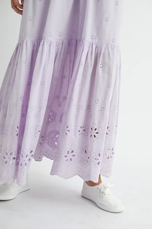 Eyelet Lace Maxi Dress With Side Strap Details – Elegant Fluttering Eyelet Lace Maxi Dress, Modern Side Strap Design, Formal Summer Maxi Dress, Sophisticated Event Dress