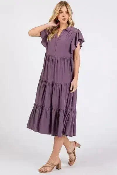 Ruffle Sleeve Collared Tiered V-Neck Midi Dress – femstylo