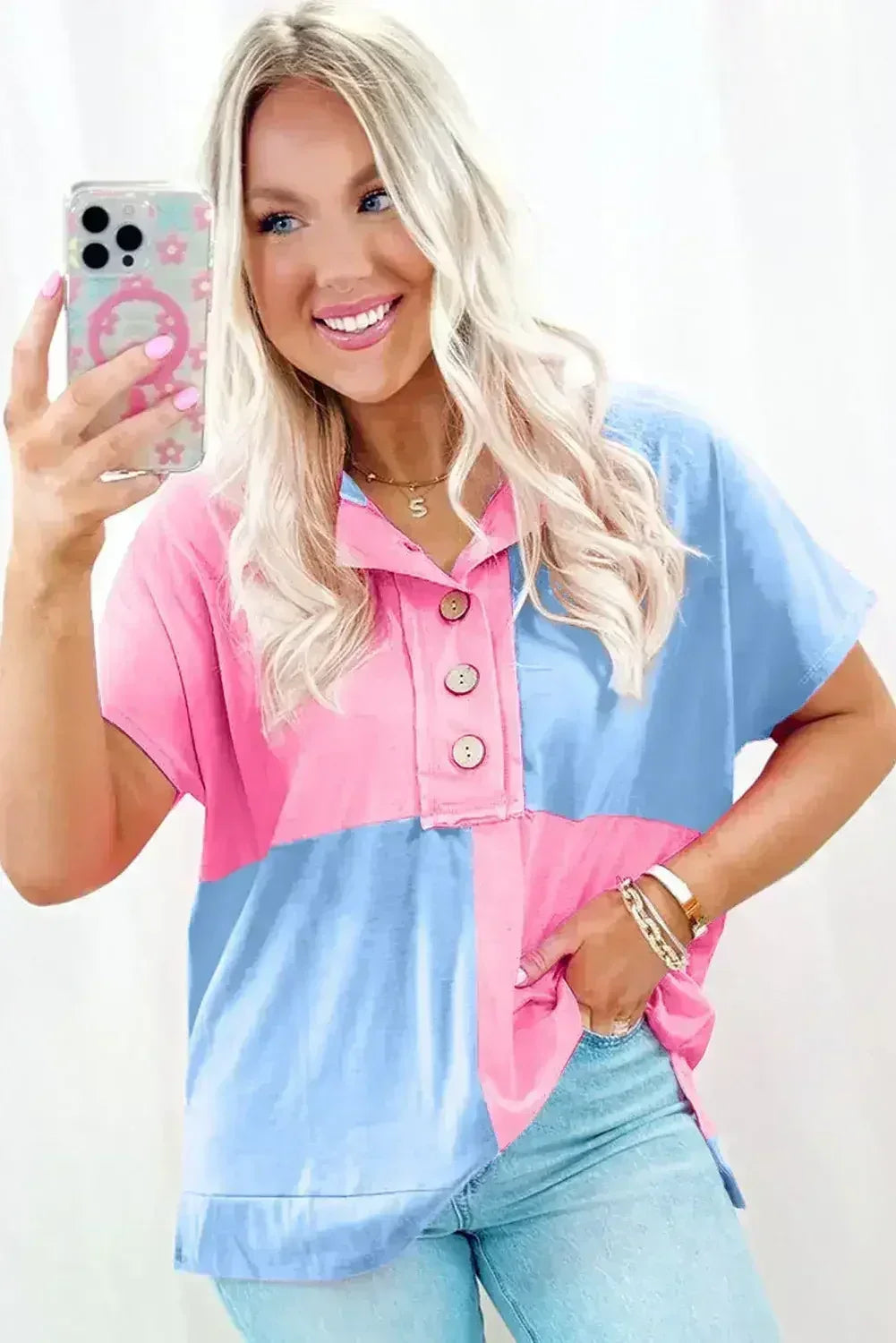 Mint Green Colorblock Half Buttons Henley T Shirt