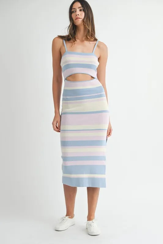 Multi Color Striped Front Cutout Knit Midi Dress For Women – Vibrant Striped Bodycon Dress, Cutout Knit Dress, Stylish Summer Midi Dress, Trendy Statement Dress