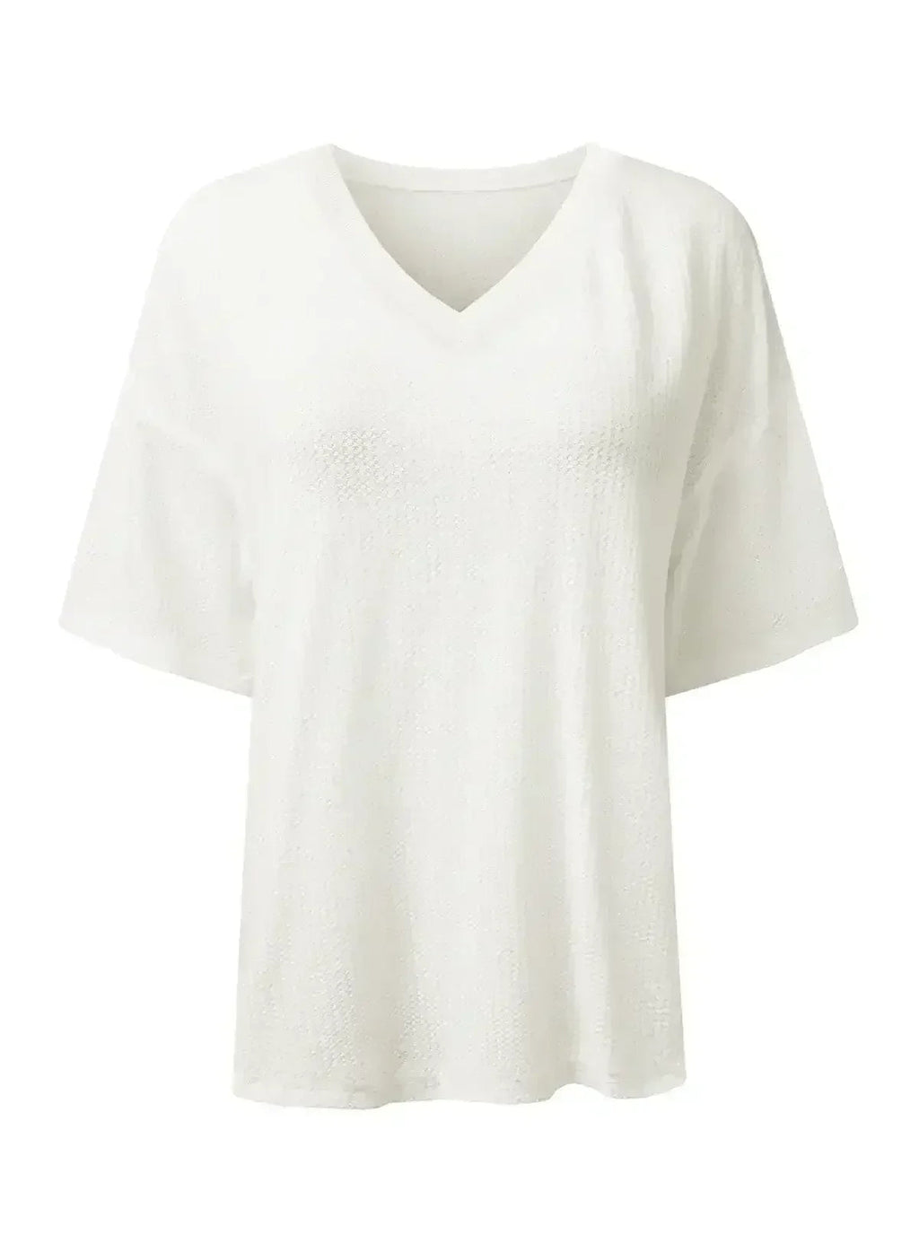 White Waffle Texture V Neck Drop Shoulder Loose Tee