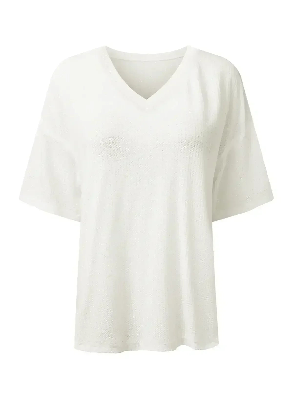 White Waffle Texture V Neck Drop Shoulder Loose Tee