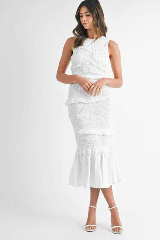 Ruffled Popcorn Smocked Mermaid Midi Dress – Feminine Midi Dress, Smocked Dress, Ruffled Mermaid Dress, High Waist Dress, Popcorn Smocked Design, Elegant Party Dress, Romantic Event Dress