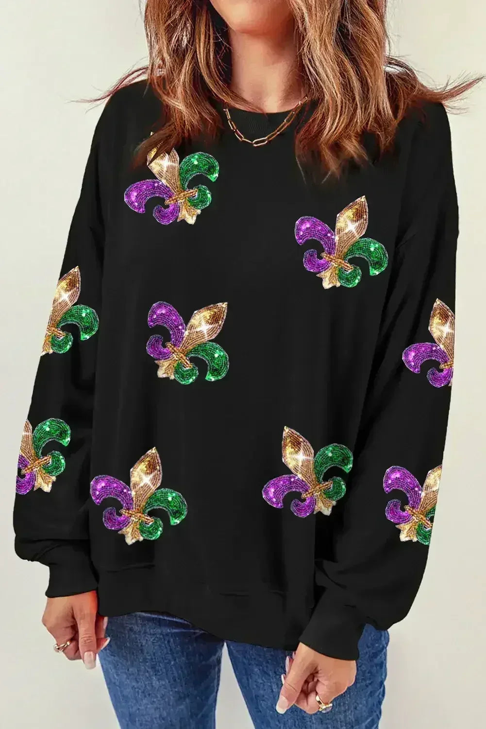 White Sequin MARDI GRAS Graphic Pullover Sweatshirt