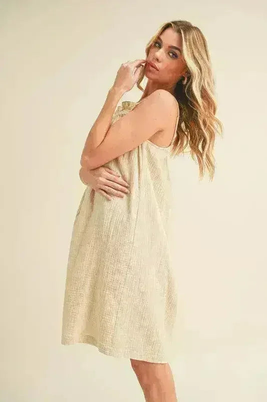 Aemi + Co Embroidered Trim Gauze Square Neck Mini Cami Dress