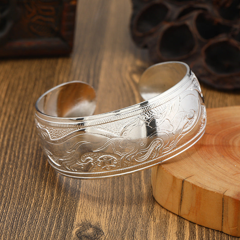 Big Elegant Luxury Amazing Classic Fashion Flower Metal Tibetan Indian Silver Vintage Retro Fashion Cuff Bracelet Bangle For Woman With Details of Animals