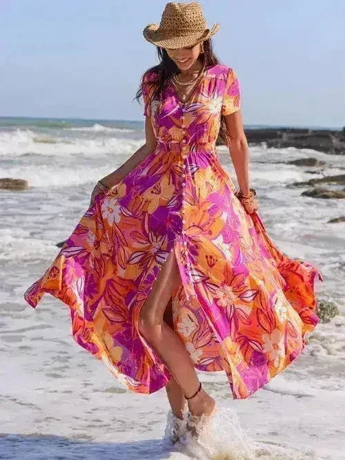 Printed V-Neck Midi Dress - Flowy Viscose Summer Dress | Femstylo