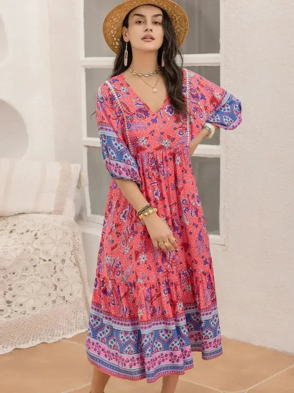 Printed Puff Sleeve Midi Dress