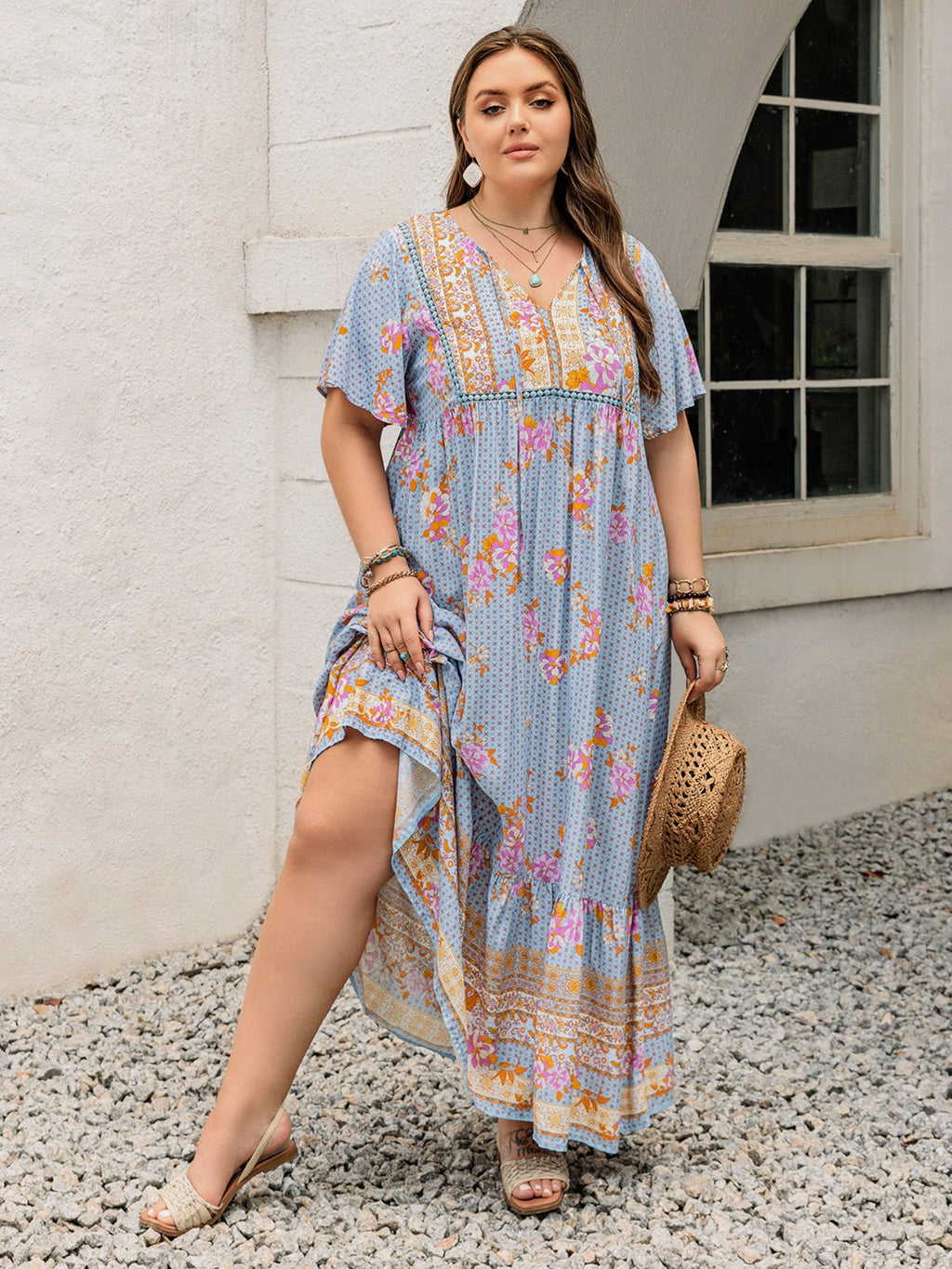 Pink Purple Plus Size Printed Flutter Sleeve Maxi Dress Elegant & Flowy Dress Unique Design