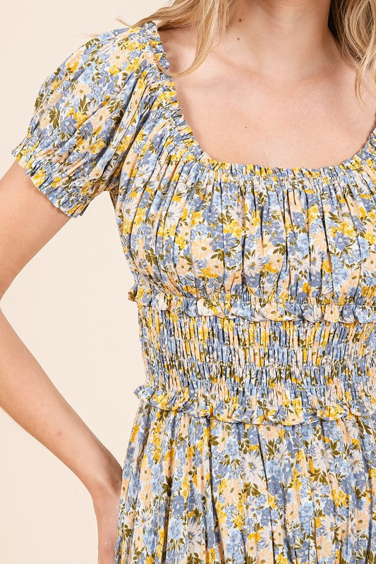 New Summer Flower Print Puff Sleeve Gathered Maxi Dress – Romantic and Feminine Floral Dress with Dramatic Sleeves