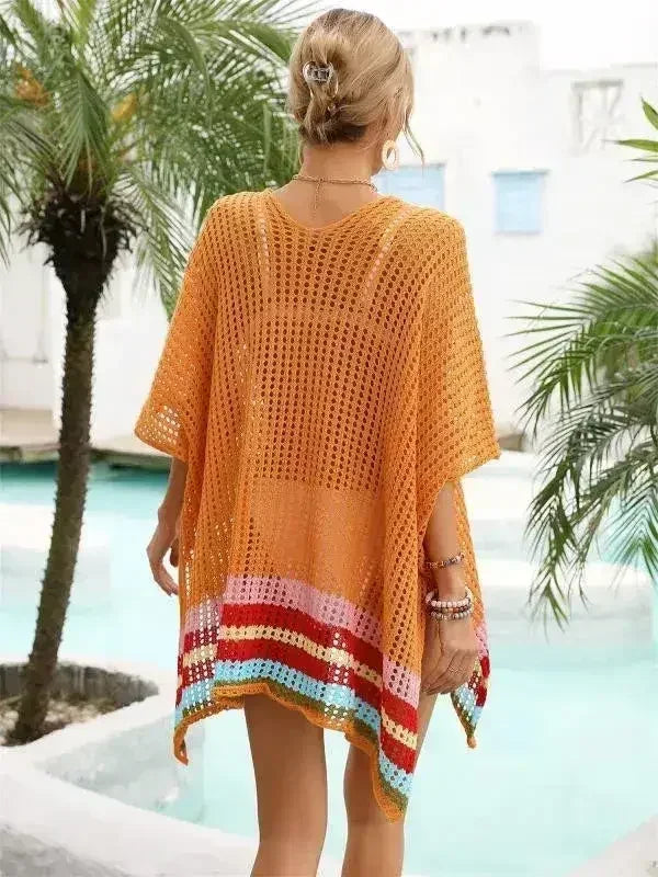Magenta, Orange & White Striped Open Knit Cover-Up – Boho Beach Wrap