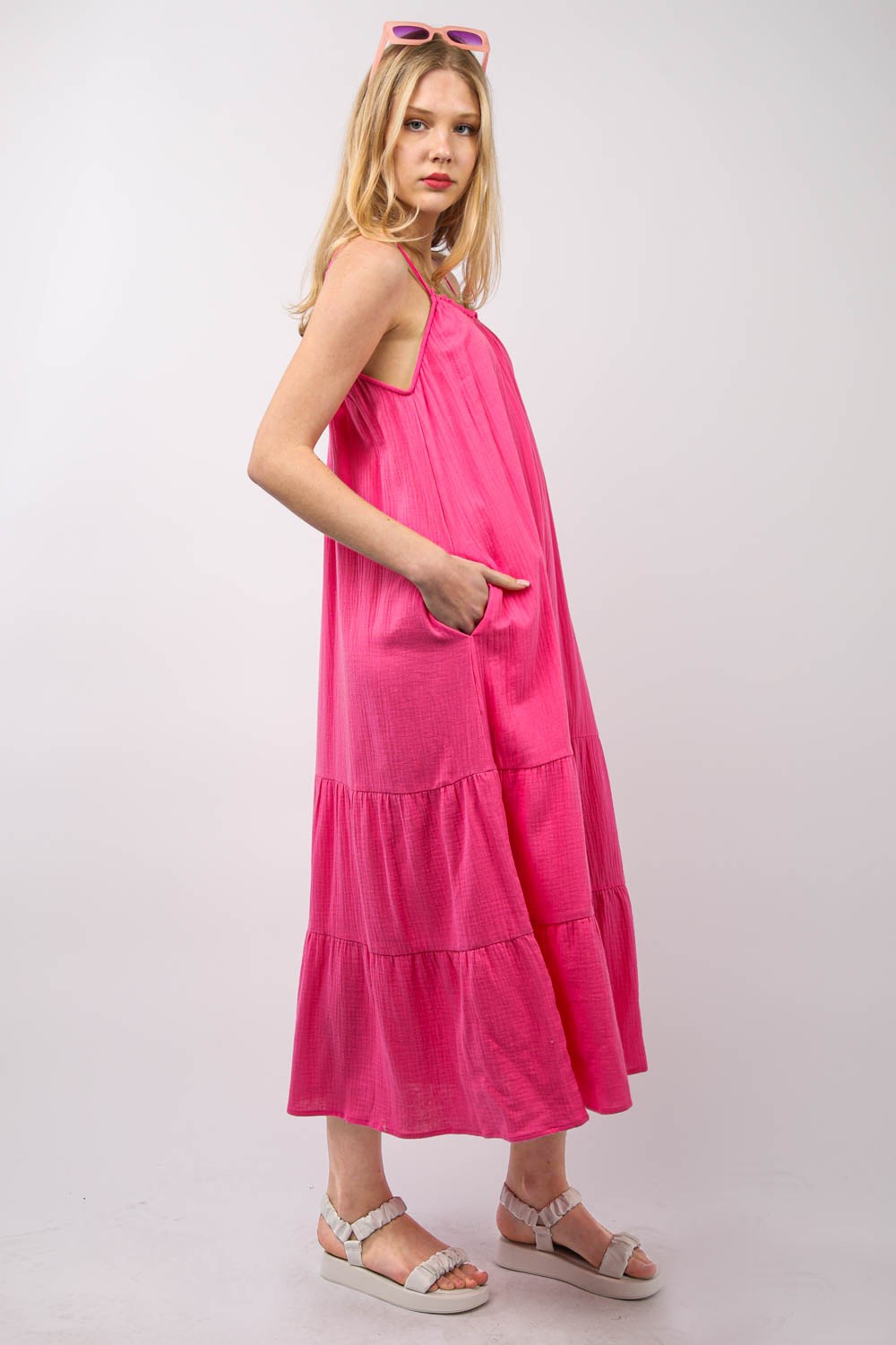 Ruffled A-Line Midi Cami Dress – Stylish Ruffled Midi Dress, A-Line Cami Dress, Comfy Cotton Dress, Feminine Summer Dress, Tiered Layered Dress, Breezy Ruffled Dress, Elegant Spring Dress