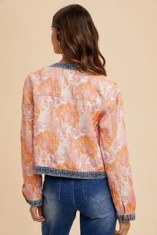 Floral Jacquard Denim Jacket - Contrast Button Down | Femstylo