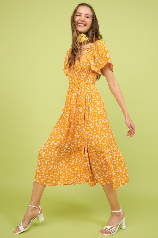 New Summer Flower Print Flutter Sleeve Smocked Midi Dress For Women – Fluttering, Trendy, Romantic and Feminine Style