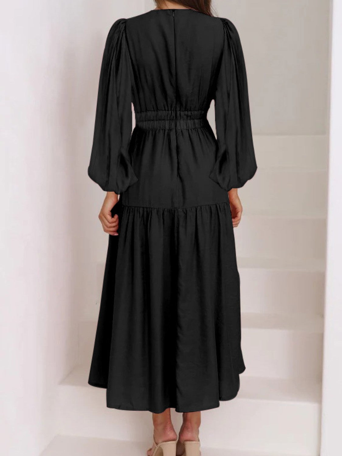 Lightweight Deep V-Neck Balloon Sleeve Maxi Dress Elegant & Flowing Silhouette Unique Dress
