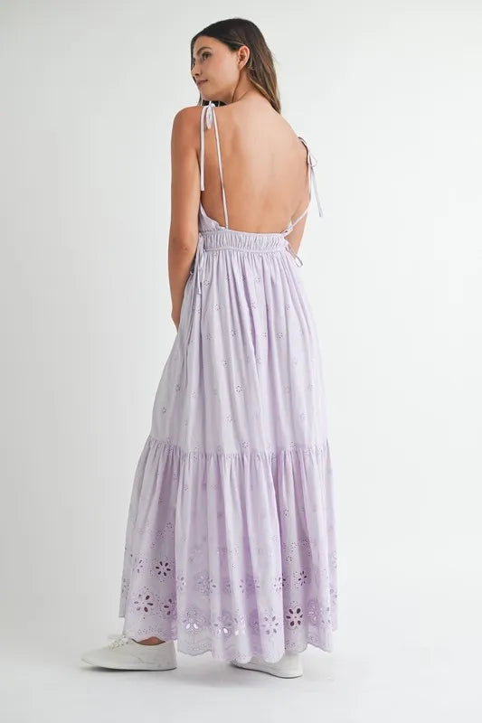 Eyelet Lace Maxi Dress With Side Strap Details – Elegant Fluttering Eyelet Lace Maxi Dress, Modern Side Strap Design, Formal Summer Maxi Dress, Sophisticated Event Dress