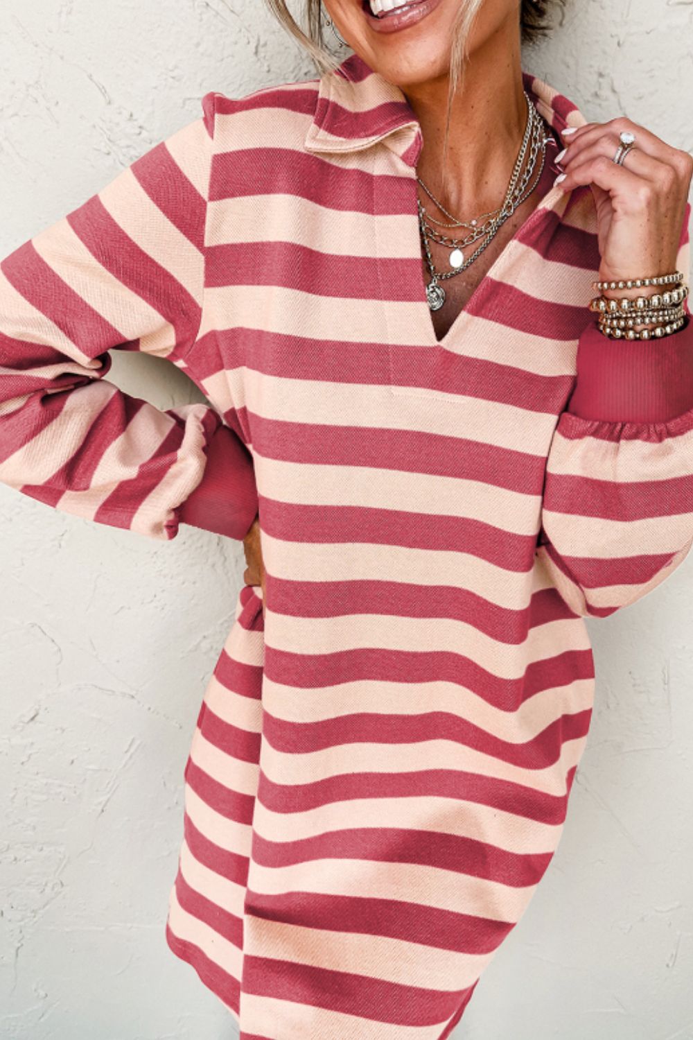 Classic Contrast Black Striped Collar Long Sleeve Mini Dress Stylish & Trendy Casual Dress for Women